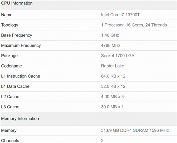 Intel低功耗处理器i7-13700T现身Geekbench：跑分追平i5-12600K